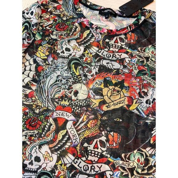 Ed Hardy NWT‎ sheer tattoo crop black & red short sleeve poly, rayon top. Sz L. - Picture 3 of 7